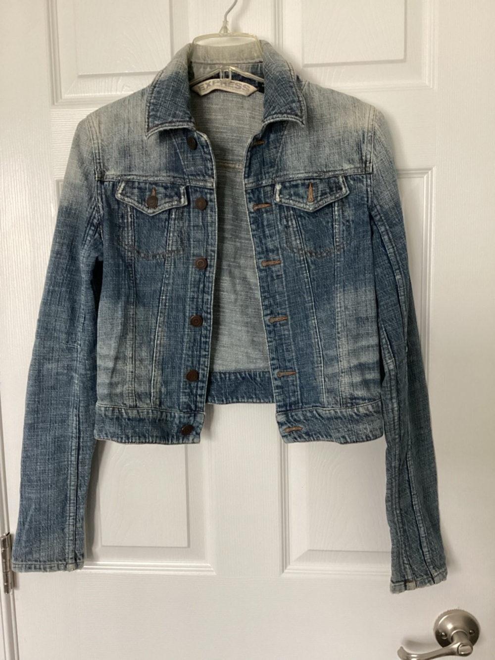 Express Light Blue Washed Denim Jacket with Leopard Lining